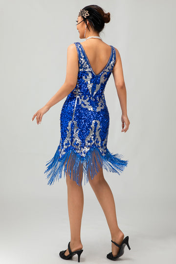 Royal Blue Sequin Gatsby Short 1920s Dress With Fringes